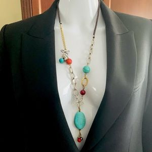 Beautiful silver & gold tone chain necklace with blue turquoise stones